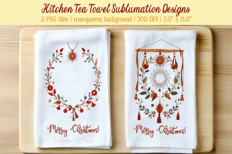 Christmas boho sublimation kitchen tea towel png |Dish towel