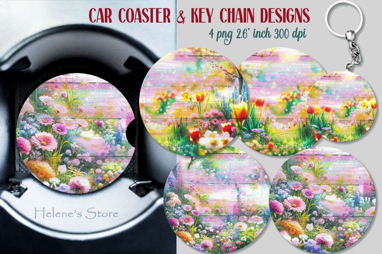 Spring round key chain designs | Blooming garden Car coaster