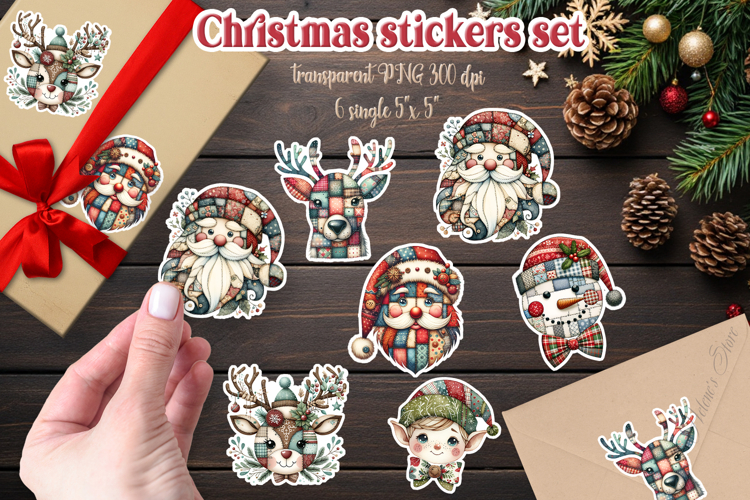 Cute Christmas patchwork printables stickers|Santa Claus png