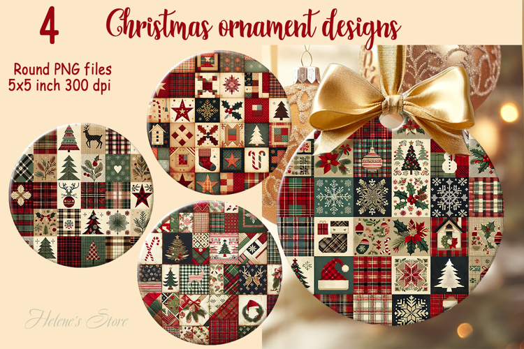 Christmas patchwork round ornament sublimation designs PNG