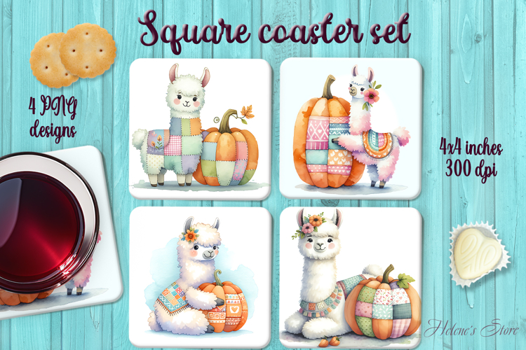 Patchwork Halloween llama square coaster sublimation png