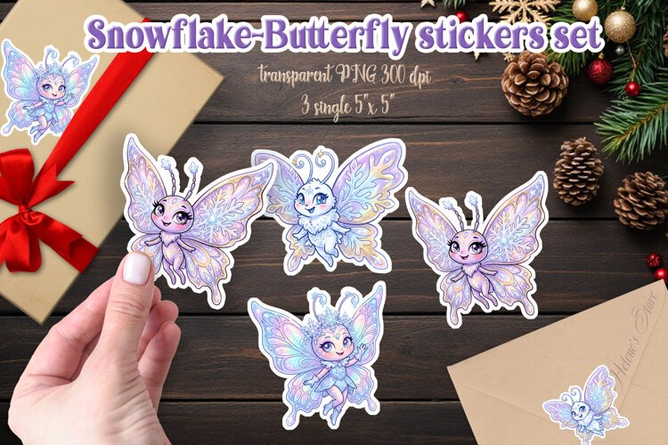 Snowflake Butterfly gifts stickers | Merry Christmas designs example image 1