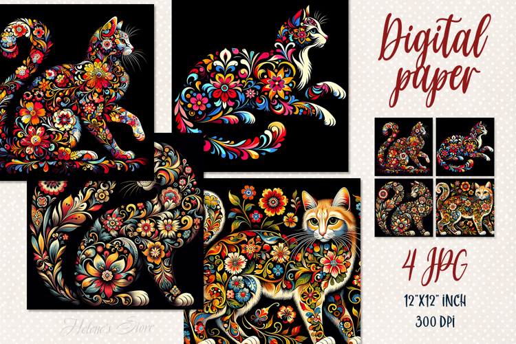 Folk floral cat black digital papers jpeg | Scrap booking