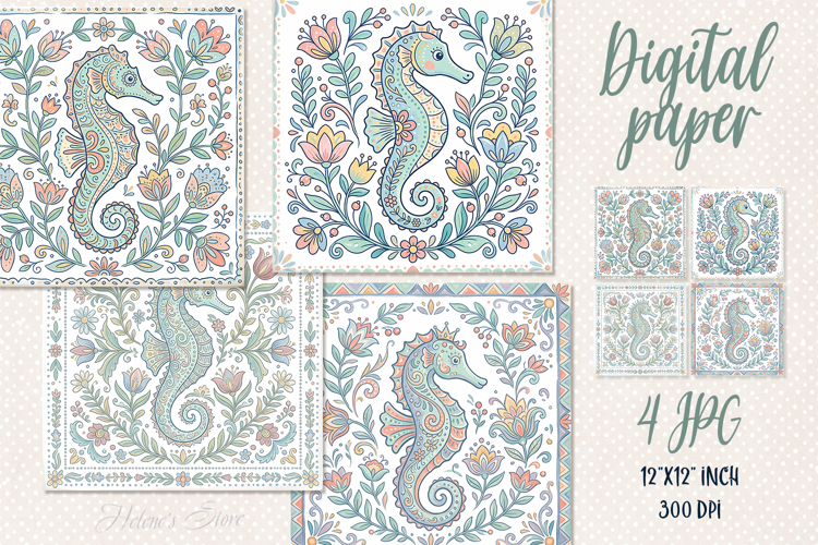 Folk floral ocean tiles digital papers jpeg | Scrap booking