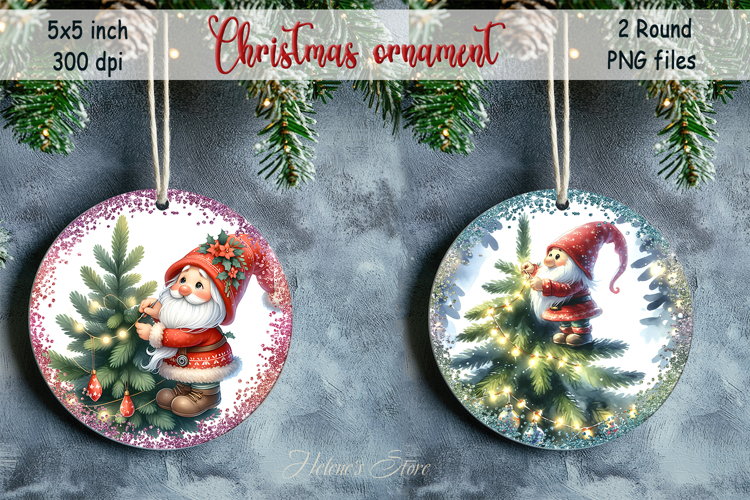 Christmas tree and gnome round ornament sublimation designs