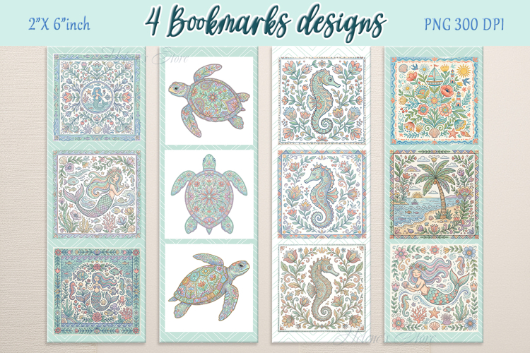 Pastel sea life pattern Printable bookmark png |4 Book craft