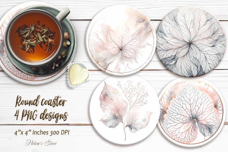 Pink & Silver Leaves round coaster sublimation designs png