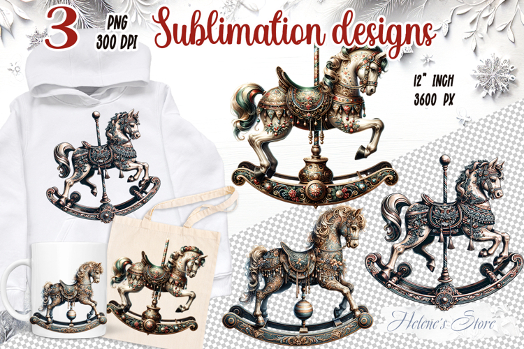 3d Christmas vintage carousel horse sublimation designs png