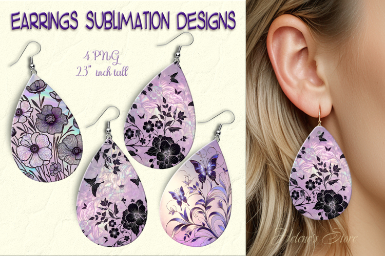 Floral lilac iridescent earrings sublimation designs png
