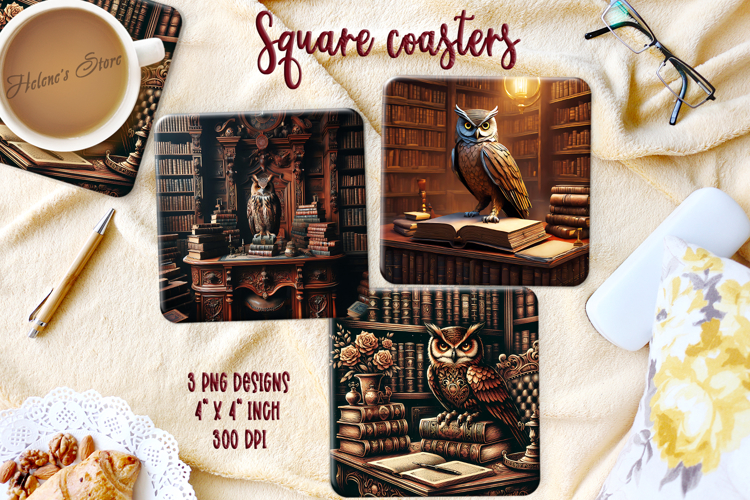 Owl in wood vintage library square coaster sublimation png