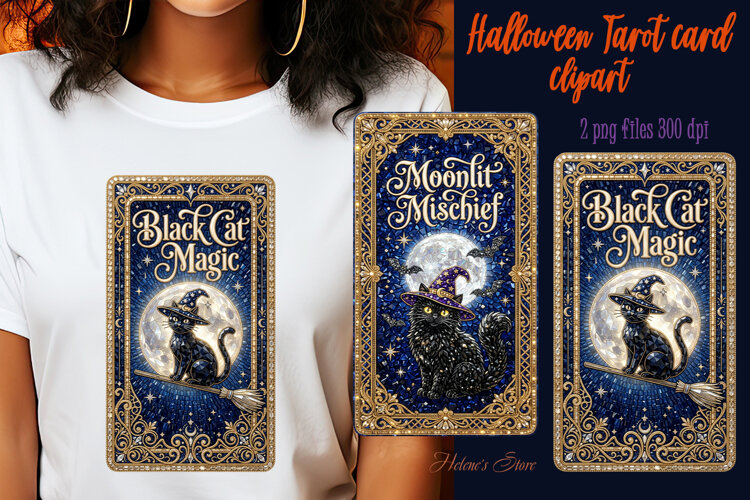 Black Halloween Cat sublimation design| Tarot card clipart example image 1