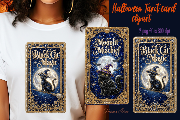 Black Halloween Cat sublimation design| Tarot card clipart