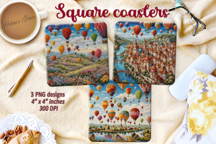 Hot Air Balloon coaster| Square coasters Sublimation Design
