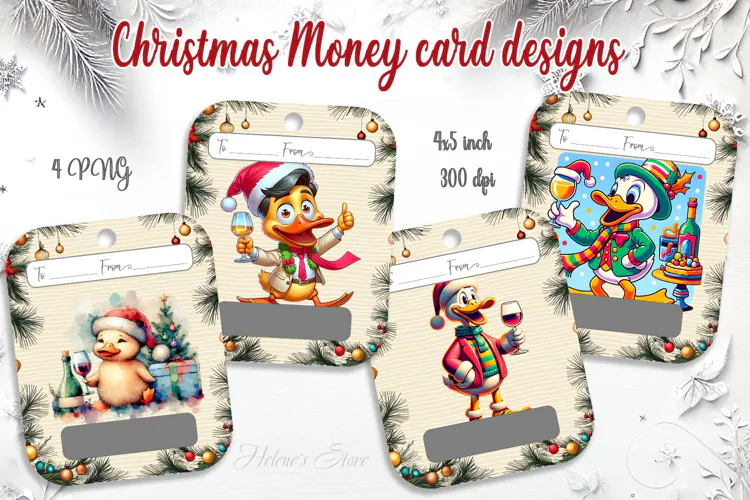 Merry Christmas Wine Duck Money Card PNG | 4 Designs