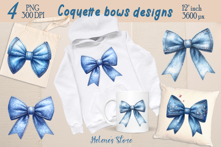 Realistic denim coquette bows design|Blue bow T-shirt clipar