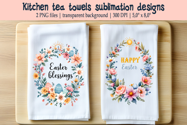 Easter wreath with flowers kitchen tea towel sublimation