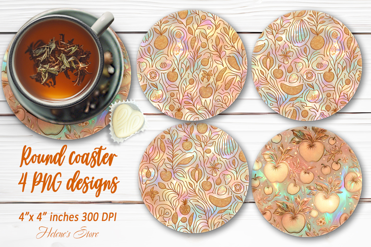 Tropical fruits pattern gold pearl round coaster designs