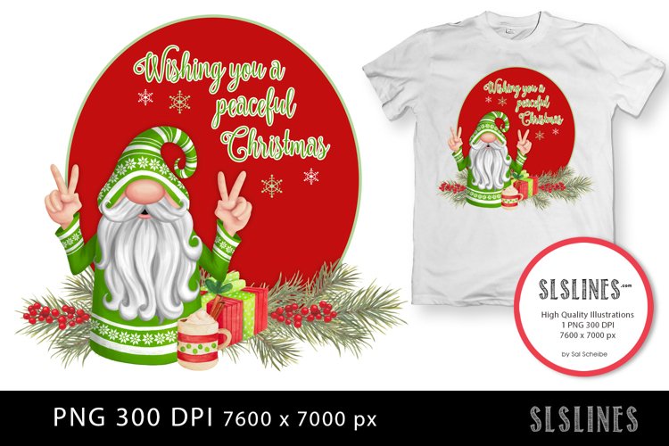 Peaceful Christmas Gnome in Green PNG sublimation example image 1