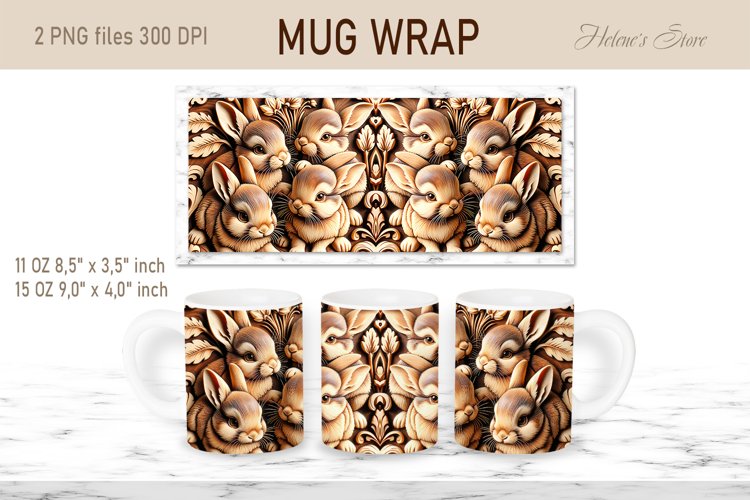 Easter bunny mug wrap sublimation | Wooden rabbits mug wrap example image 1