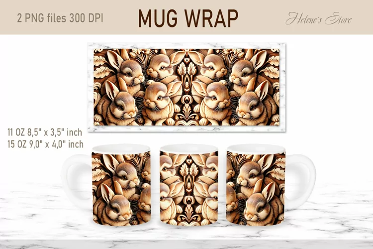 Easter bunny mug wrap sublimation | Wooden rabbits mug wrap