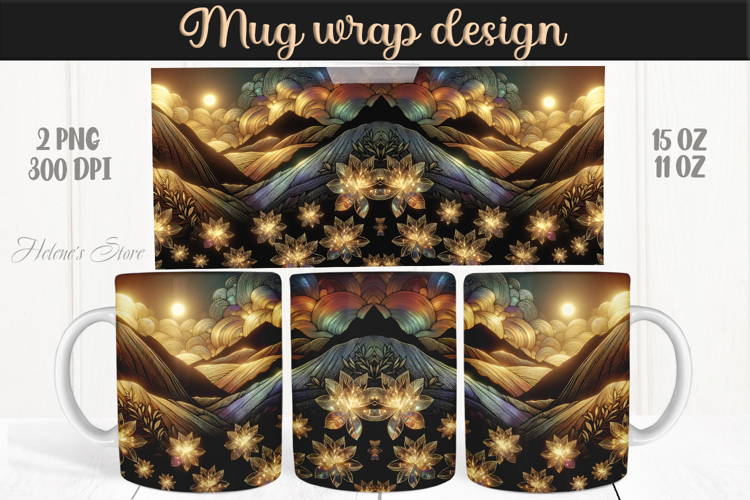 Fantasy mountains iridescent design mug wrap 15oz 11oz png