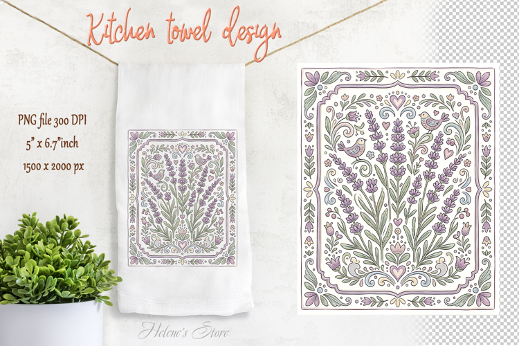 Cute pastel folk lavender floral pattern kitchen towel png
