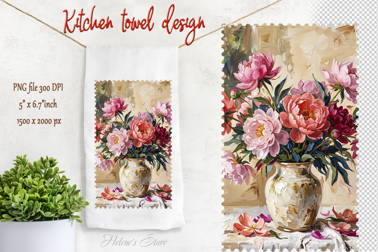 Delicate pink peonies bouquet kitchen towel png |Cute floral