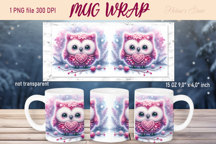 Pink Crochet Yarn owl Christmas mug wrap 15 oz png design