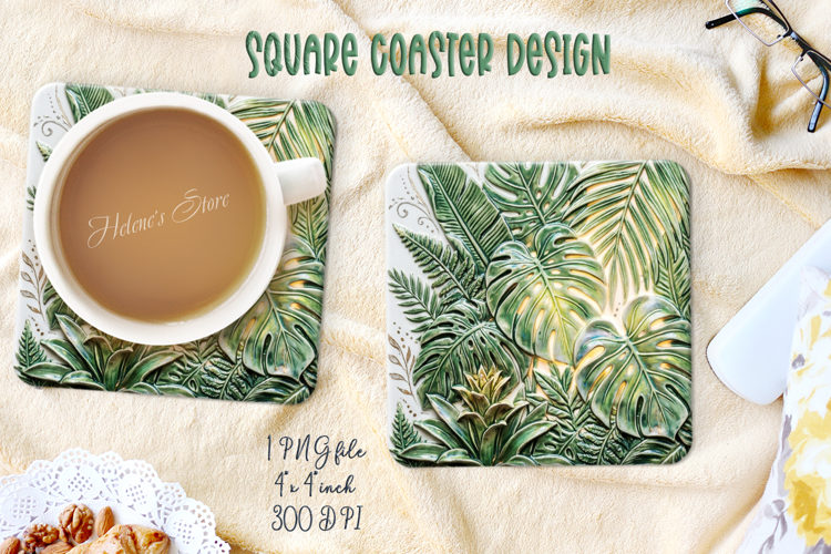 3D ceramic tropical leaves square coasters design png