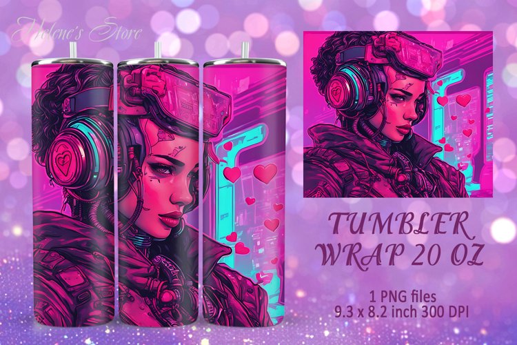 Pink neon cyberpunk girl Valentine tumbler wrap sublimation
