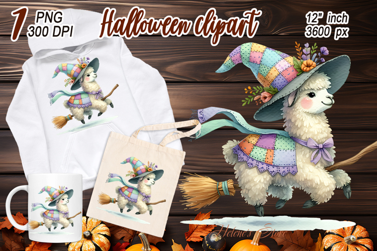 Cute Watercolor Llama Witch clipart |Fall Animals design PNG