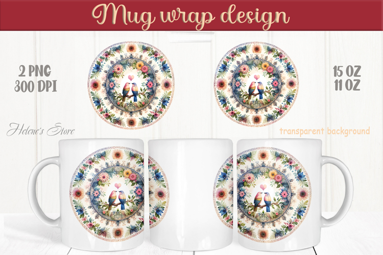 Love birds in floral round frame mug wrap 15 oz 11 oz png