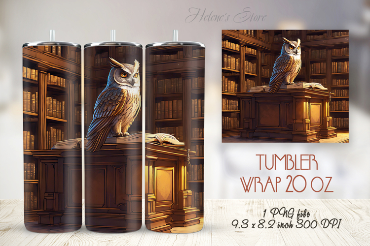 Owl in wooden library straight skinny tumbler 20 oz wrap