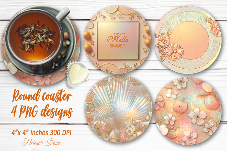 Tropical fruits pattern gold pearl round coaster designs