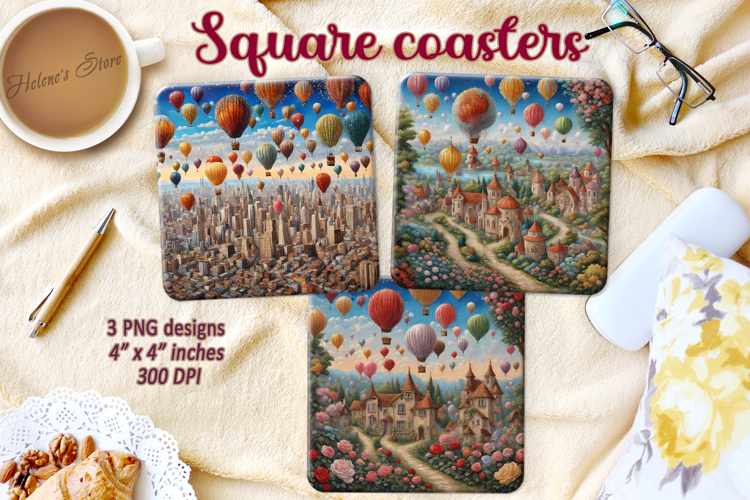 Hot Air Balloon coaster| Square coasters Sublimation Design