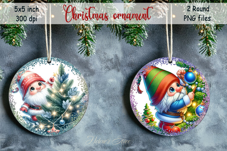 Christmas tree and gnome round ornament sublimation designs example image 1