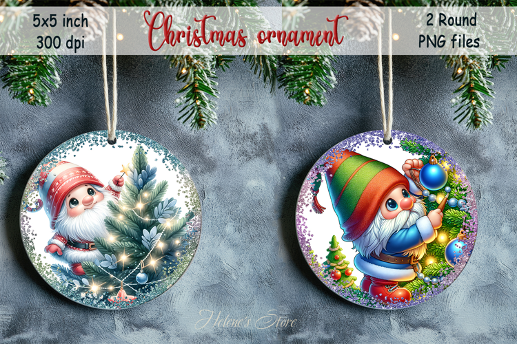 Christmas tree and gnome round ornament sublimation designs