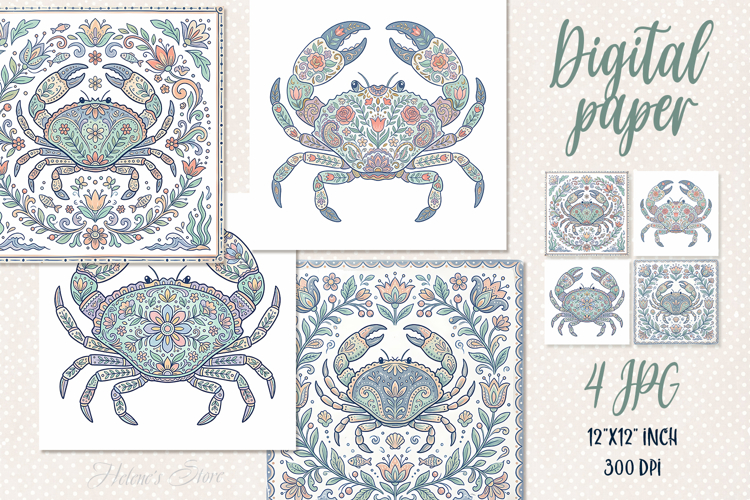 Folk floral ocean tiles digital papers jpeg | Scrap booking