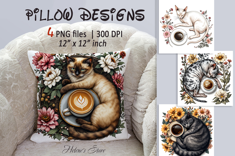 Coffee and cat in flowers sublimation pillow case designs