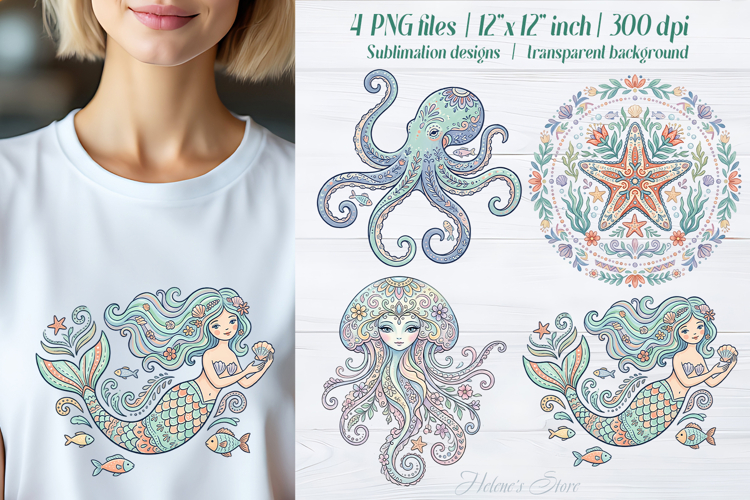Pastel sea mermaid sublimation design png|Cute ocean clipart