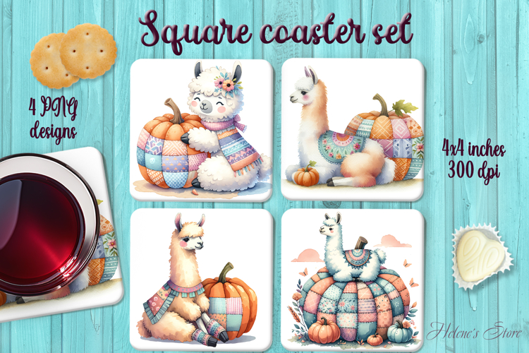 Patchwork Halloween llama square coaster sublimation png