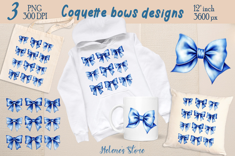 Realistic denim coquette bows design|Blue bow T-shirt clipar