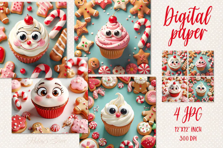 3d Cute Christmas Cupcake Pattern digital paper scrapbooking