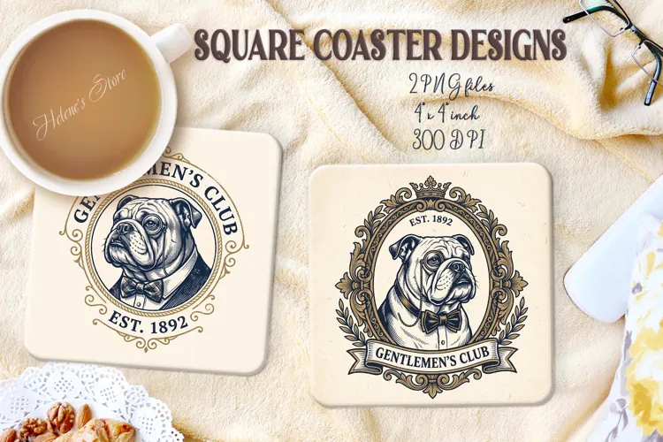 Gentlemen Bulldog square coasters sublimation design png