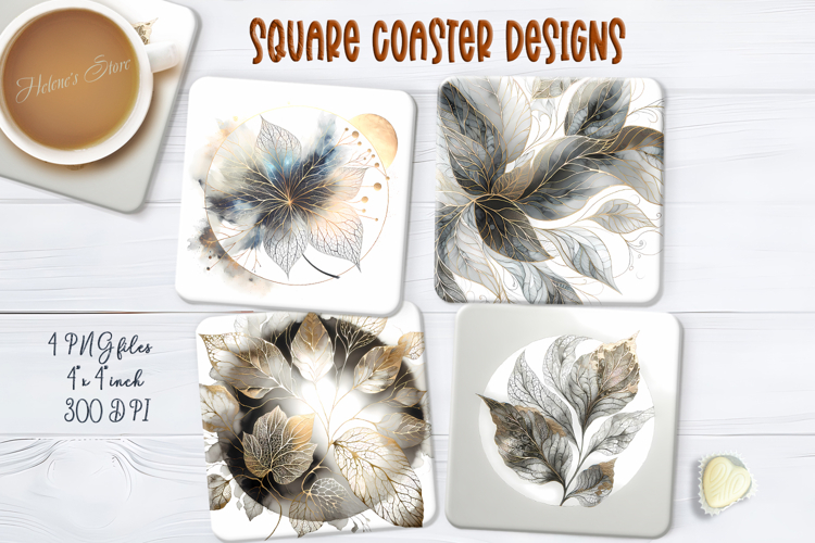 Gold autumn leaves square coasters png |Luxury floral design
