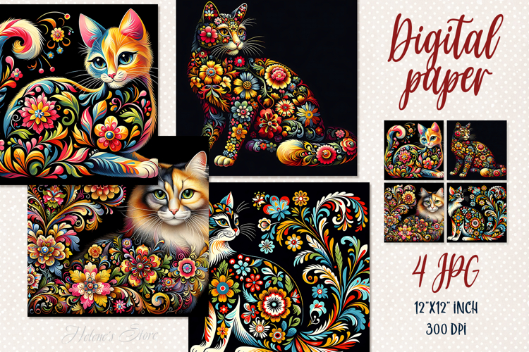 Folk floral cat black digital papers jpeg | Scrap booking