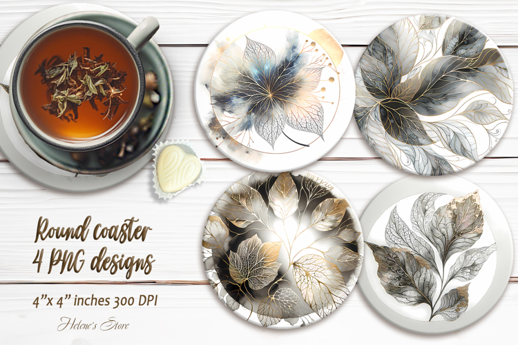 Luxury Gold & Black Leaves round coaster sublimation designs