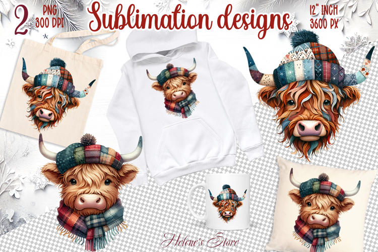 Cute highland cow clipart |Retro patchwork shirt designs png example image 1