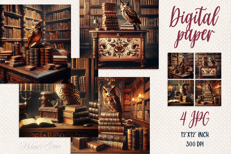 Owl in wooden library digital papers | Scrap booking jpeg
