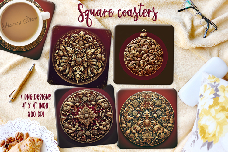 Vintage Christmas golden pattern square coasters sublimation